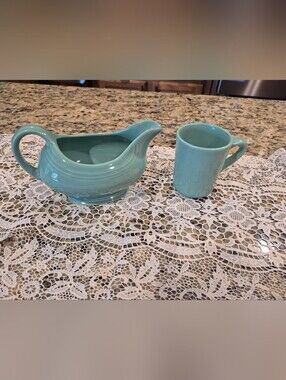 Vintage Fiestaware, Aqua Ceramic Gravy Boat and Small Pitcher